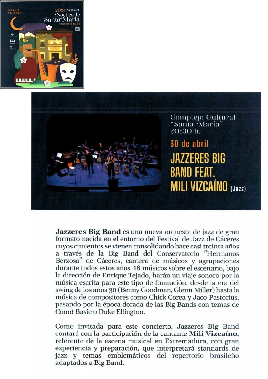 Concierto JAZZERES BIG BAND FEAT. MILI VIZCAÍNO (Jazz). Noches de Santa María