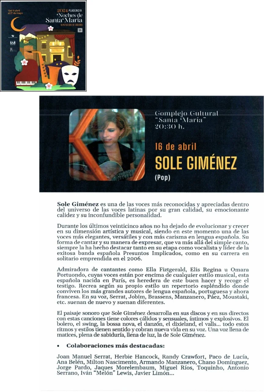 SOLE GIMÉNEZ (pop) en Concierto. Noches de Santa María 2024